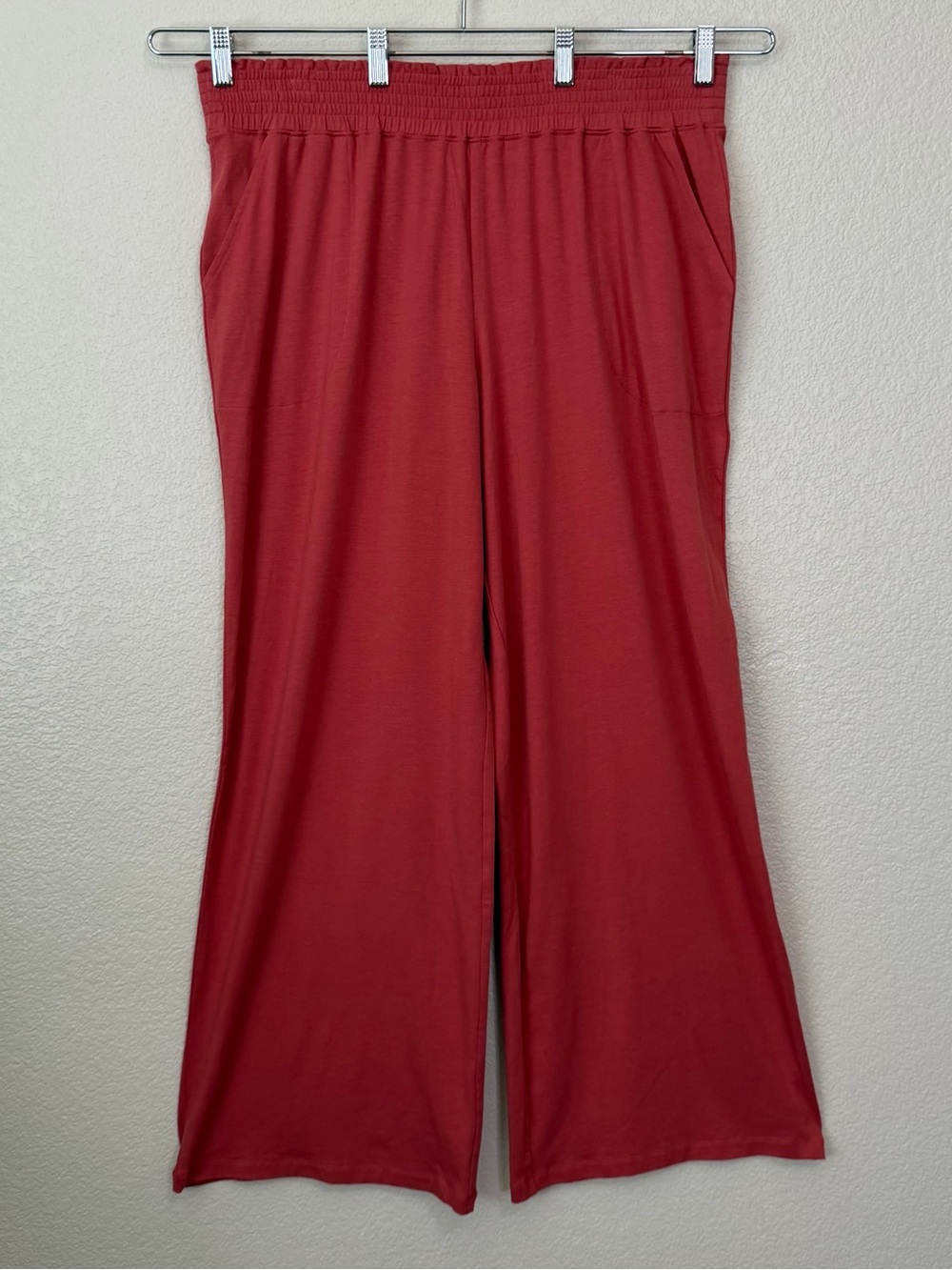 Denim & Co Beach Desert Coral Smocked Waist Wide Leg Pull-On Pants, Sz Large